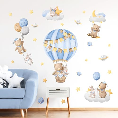 Tanlaby Blauer Heißluftballon Wandaufkleber Bär Wolken Sterne Wandsticker Cartoon Tiere zum Abziehen und Aufkleben Wanddeko für Kinderzimmer Babyzimmer Schlafzimmer