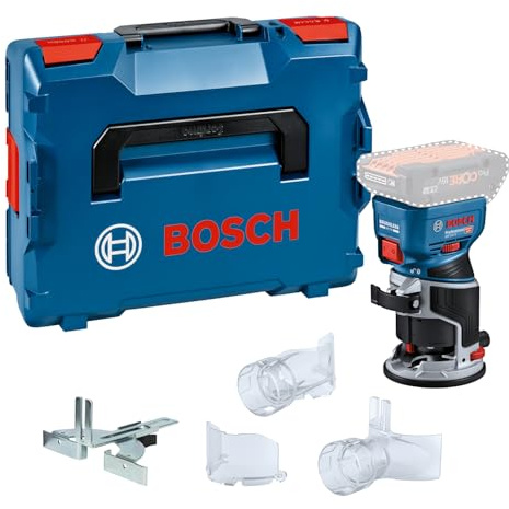 Bosch Professional 18V System Cordless Router GKF 18V-8 (incl. Parallel Guide, 2X Routing vac adaptors, Chip Shield, ¼” (6.35mm) Collet, Wrench, L-BOXX, Without Battery/Charger)