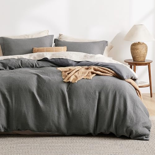 Bedsure Luxury Waffle Duvet Cover Queen Size - Textured Duvet Cover Set, Soft, Breathable Bedding Set (90x90) with 2 Pillow Shams for All Season, Dark Grey, Comforter Not Included