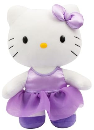 Hello Kitty Giochi Preziosi Weiches Plüschtier, 30 cm hoch, mit modischem Outfit, lila Satin-Kleid und passender Schleife, für Kinder ab 3 Jahren