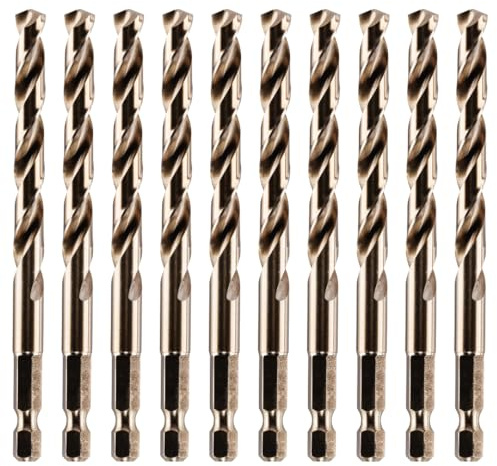 Rennie Tools - Box Of 10 x 7.5mm Hex Shank HSS Gold Cobalt Jobber Drill Bit For Stainless Steel, Hard Metals, Aluminium, Cast Iron, Copper. Twist Drill Bit Sets. 7.5mm Drill Bits Metric Drill
