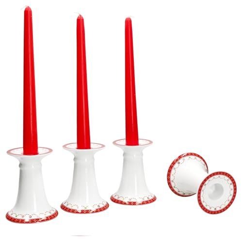 MamboCat 4er Set Weihnachtstraum Kerzenhalter I Höhe 10,7cm I runde Porzellan-Kerzenhalter für Stabkerzen mit Weihnachtsdekor I für Weihnachten, Advent & Co
