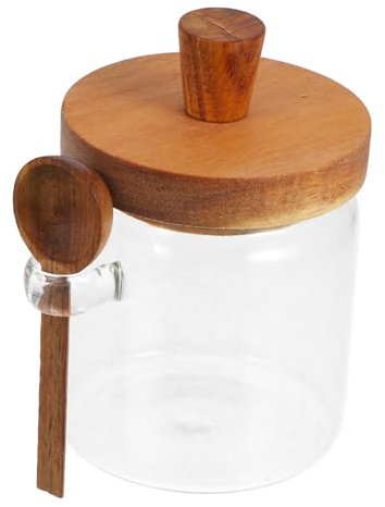 BEBEMOKO Glass Honey Jar with Wooden Lid and Mini Honey Dipper 90mm Diameter for Household Use