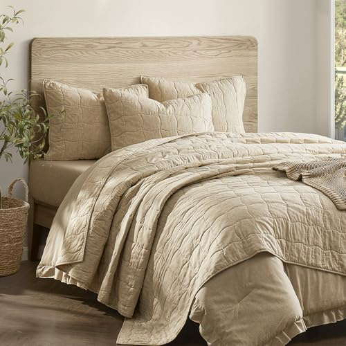 Wonderful Natural Linen Cotton Quilt - Skin-Friendly Breathable & Hypoallergenic Quilt Queen, 3 Piece Wavy Box Stitched Linen Bedding Set, All-Season Use Bedspread & Coverlet Bedding, 94x94