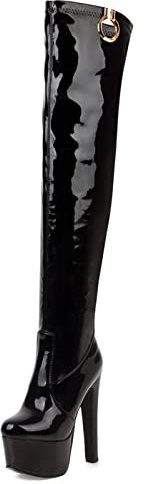 MJIASIAWA Damen Runde Zehen Blockabsatz Lack Overknees Boots Prom Party Winter Elegant Plateau Oberschenkelhohe Stiefel Schwarz Gr 39 EU/40 Asiatisch