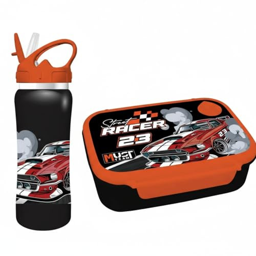 Diakakis Racing Cars - Juego de lonchera para niños, caja de sándwich y botella de agua de aluminio, 500 ml, juego de comida para el almuerzo escolar, viajes, sin BPA