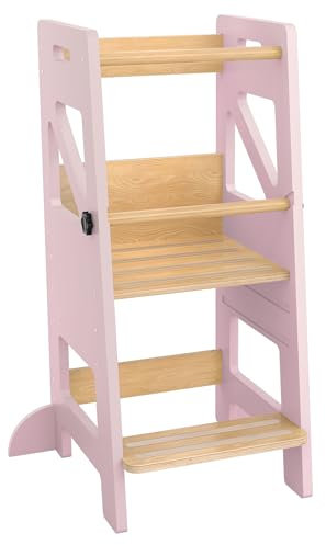 NAIZY Lernturm klappbar Learning Tower 3-Fach Höhenverstellbar Toddler Tower mit Doppelter Sicherheitsbarriere Entdeckerturm rutschfest Max bis 60KG, für ab 1 Jahr Jungen und Mädchen (Rosa)