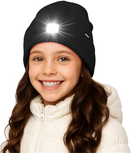 ATNKE Enfants LED Bonnet Lampe Frontale,USB Rechargeable 4 LED Chapeau de Course Ultra Lumineux Lumière Hiver Chaud Polaire Doublée Tricot Bonnet Cadeaux pour Garçons et Filles/Black