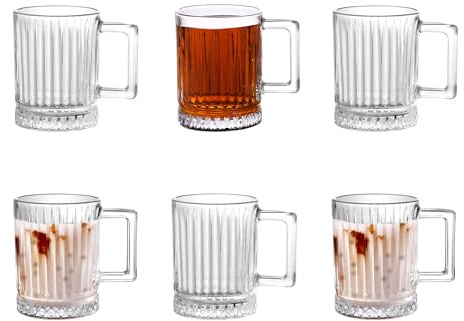 Royal Cuisine Set of 6 Glass Coffee Mugs Coffee Cups, Clear Glass Mugs with Handle, Stylish Glassware for Tea, Cappuccino, Latte Glasses, Hot Beverages, Milk & Juice (250ml)