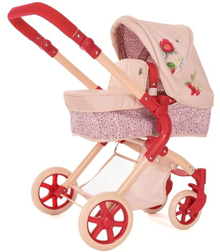Roma RHS Flora enkel dockvagn, 3+ år, grädde och bär röd, återvunnet miljövänligt tyg, justerbart handtag 55-78 cm, 2-i-1 liggdel