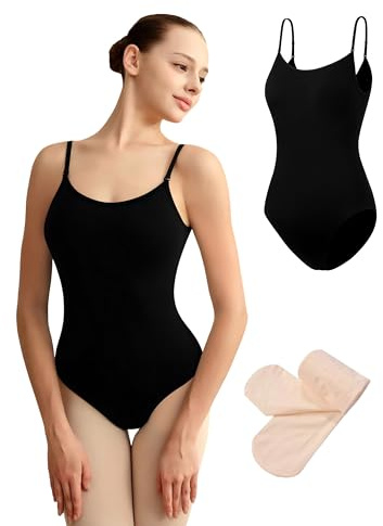 DANSHOW schwarzes Träger-Ballett-Trikot mit Strumpfhosen Damen | Passende Tanzstrumpfhosen, ärmelloser Rundhals-Schnitt, hochelastischer Stoff mit guter Rückstellkraft