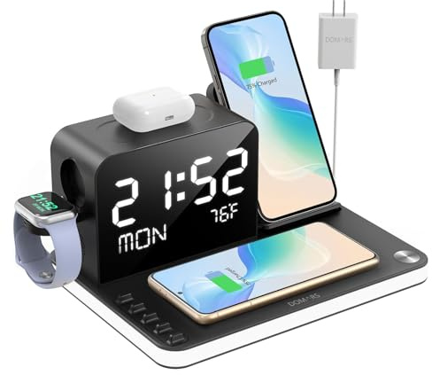 Domars 7-i-1 Mag-safe Laddare - Trådlös, Veckbar Modell med Nattlampa & Klocka för iPhone/Android, Apple Watch och AirPods | Snabbladdning, Portabel (Svart)