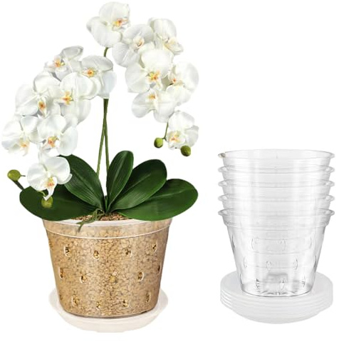 KBIBCK 5 Pack 7 Inch Clear Orchid Pot, Orchid Flower Pots with Drainage Hole and Tray, Nursery Pots for Orchid Repotting Kit, Breathable Slotted Orchids Planter, House Plant Pots for Root Growing