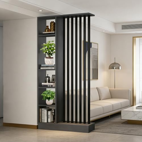 Wandraum Teiler mit Lagerregal, Eingangshalle -Trennwesensäule Säulen- bis Decke, aus massivem Holz, leicht zu montieren, geeignet für die Heim- oder Bürodekoration geeignet (A Black + Gray, 100cm)