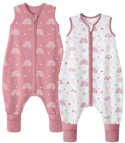 FIEMOL Schlafsack Mit Füßen 0,5 Tog 6-18 Monate Sommerschlafsack Baby 100% Baumwolle Kinder Schlafsack Mit Füßen 70-90cm Rosa Regenbogen 2er-Packung