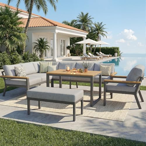 Merax Gartenmöbel-Set für 9 Personen, Gartenlounge Set aus verzinktem Eisen, Balkonmöbel Outdoor Sitzgruppe mit Sesseln & Tisch & Bank & Kissen, Wetterfest für Terrasse, L-Form Loungegarnitur, Grau