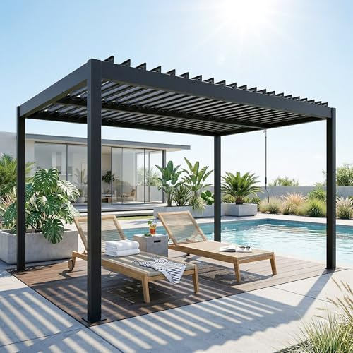 Outsunny Pergola Bioclimatique 4x3m, Pergola Aluminium, Lames Orientables, Manivelle, Système de Drainage, Tonnelle de Jardin Abri Terrasse, Résistante Vent, Protection Soleil, Imperméable, Gris Foncé