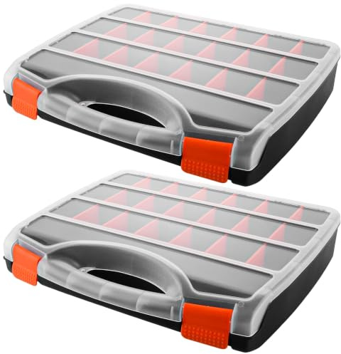 2 cajas organizadoras de tornillos con asa, caja de piezas PP 380 x 310 x 68 mm, compartimentos y tapa semitransparente