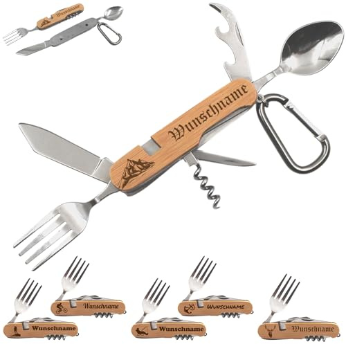 Gipfelwerkzeug Camping Besteck mit Wunschname Personalisiert, Outdoor Besteck Edelstahl Holz, Wanderbesteck ToGo für Camping Wandern Trekking Picknick Reisen Vanlife, Geschenk für Camper Outdoor Fans