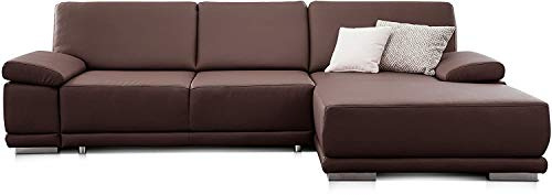 CAVADORE Ecksofa Corianne in Lederoptik / Couch inkl. Armteilverstellung und Longchair in modernem Design / 282 x 80 x 162 / Kunstleder, braun
