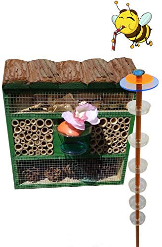Ölbaum XXL 1x Bienenhotel, Insektenhotel MIT BIENENTRÄNKE,XXL Bienenstock & Bienenfutterstation für Wildbienen, grün, Marienkäferhaus
