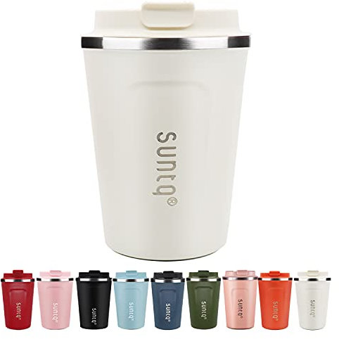 SUNTQ Reusable Coffee Cups Travel - Coffee Travel Mug with Leakproof Lid Stainless Steel Coffee Travel Cup (Creme White, 13oz/380ml)