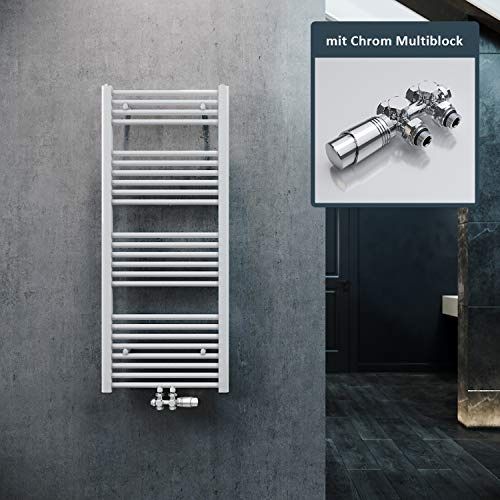 ELEGANT Termosifone da bagno 1200x500mm bianco Termosifone con attacco centrale Termosifone portasciugamani Termosifone per asciugamani con multiblocco cromato e termostato