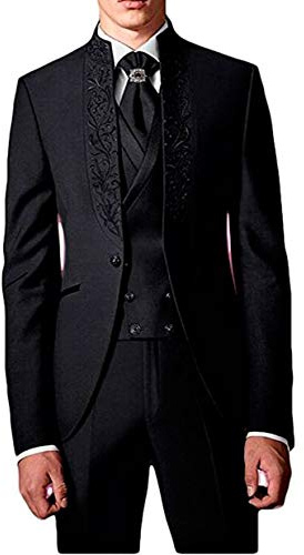 Abito da Uomo Nero 3 Pezzi Con Ricamo - Giacca, Gilet, Pantaloni - Smoking da Sposo per Matrimonio e Party, Nero, 48