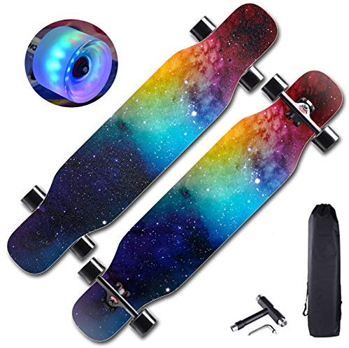 43 Longboard Skateboard Double Kick Concave Deck Skateboard, 7 Kanadische Schichten Ahornholz Tanzbrett mit LED PU Rädern für Kinder Teenager & Erwachsene Anfänger,Universe, HSGAV