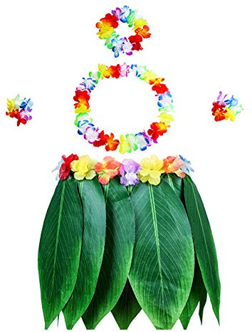 Mirrwin Hawaii Girlande Gras Rock Hula Set 5 Pcs Mit Hibiskus Für Party | Hawaiian Halskette,Blatt Rock,Künstliche Blüten,Leis Set Für Beachparty,Mottoparty,Karneval,Strandparty,Sommerfest,Dekoration