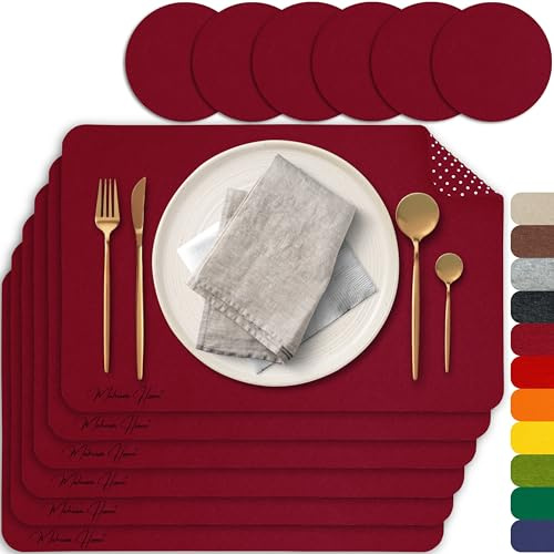 MAHEWA® 6er Set Premium Tischset Platzset aus Filz rutschfest Ab-waschbar und Waschmaschinenfest Eckige Platzdeckchen (Bordeaux/Schwarz, 6er Set)