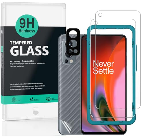 Ibywind Displayschutz aus Hartglas für Oneplus Nord 2 5G, [2 Stück] mit Metall-Displayschutz für Kamera, Rückseitenschutz mit Carbonfaser-Effekt, mit einem einfachen Installationsset
