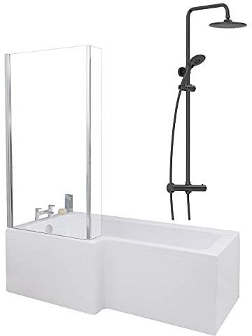 1700 x 855mm Left Hand L Shaped Shower Bath Bathroom Bathtub Glass Shower Screen Front Panel & Thermostatic Mixer Shower Set Handheld Black Round Rainfall Head