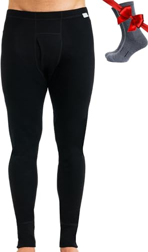 Merino.tech Pantaloni Termici Lana Merino Uomo - 100% Intimo Lana Merinos Uomo Leggero, Medio, Pesante con Calzini (Medium, 320 Black)