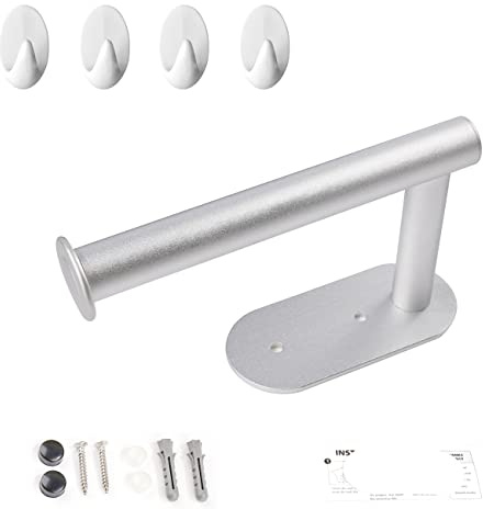 Portarrollos Papel Higienico, Aluminio Soporte Papel Higienico, Porta Rollos de Papel Higienico, Accesorios Baño, Opción Instalación Perforación y Autoadhesión cinturón 4 Gancho (Aluminio, Plata)