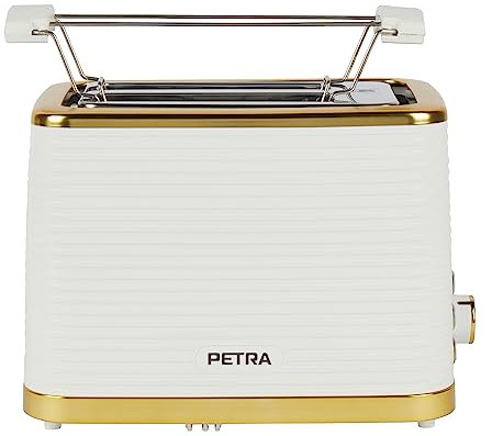 Petra Toaster 2 Scheiben 930W, Brotröster mit Brötchenaufsatz & 7 Bräunungsstufen, Toaster mit Auftau- & Aufwärmfunktion, Krümelschublade Herausnehmbar, Weiß-Gold