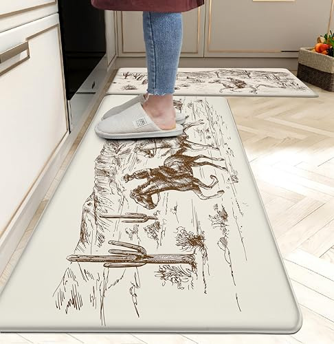 Western Kitchen Mat Rugs Set of 2 Aztec Anti Fatigue Non-Slip Kitchen mats for Floor Western Country Cactus Theme PVC Comfort Mat Floor Rugs Decor Office Front Door Sink 17.3x28+17.3X 47 inches