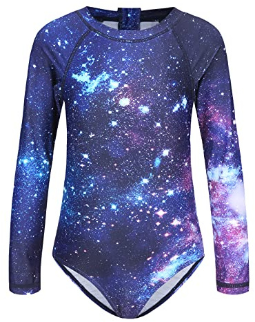 Moon Tree Girls Swimming Costume One Piece Swimsuits Long Sleeve Rash Guard Nebula Age 7-8 Years