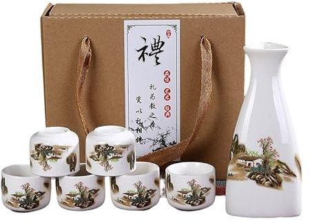 Traditionelles Sake-Set aus Keramik, 7-teilig, inklusive Sake-Flasche, 6 Tassen und Aufbewahrungsbox für heiße Saki-Trinker