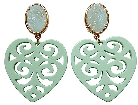 Sehr große leichte Ohr-Clips vergoldet Strass mint hell-grün herz-förmiger Anhänger Oktoberfest Dirndl Tracht Fest Designer Geschenk JUSTWIN