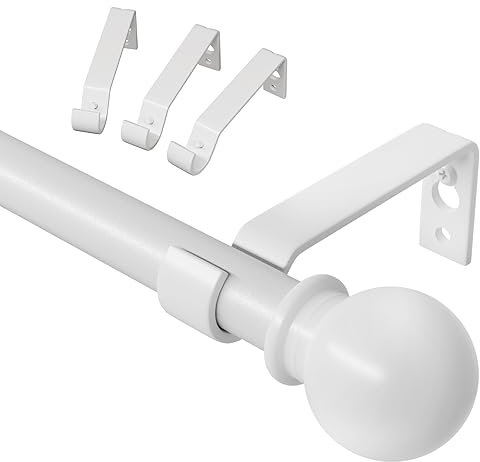 Gardinenstange Weiß, 80-224 cm, mit Halterung - 16mm Durchmesser, Wandmontage mit Kugelendstück - Matt, Spleißen Verstellbar