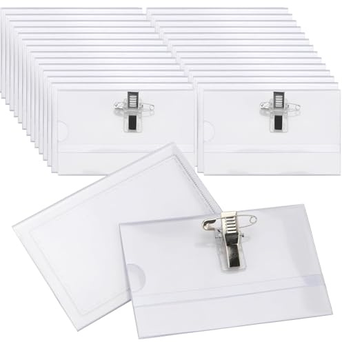 DAKFOOK Lot de 100 badges nominatifs en plastique transparent de 9 x 5,6 cm avec pince crocodile et épingle de sûreté, porte-cartes horizontaux pour bureaux, événements d'entreprise, conférence