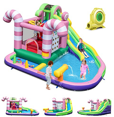 GOPLUS 9 en 1 Château Gonflable Sucre de Canne, Aire de Jeux Gonflable avec Glissière Toboggan, pour 1-3 Enfants de 90KG,50 Balles Océaniques (Sucre, Souffleur 680W)