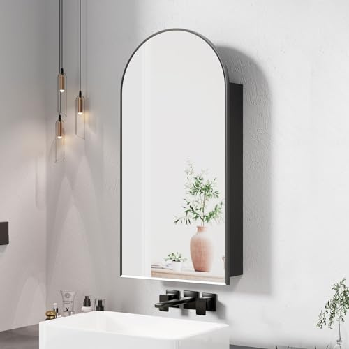 Mepplzian Bathroom Mirror Cabinet,Metal Framed Bathroom Cabinet with Mirror | Arched Mirrored Bathroom Cabinets Wall Mounted,3 Adjustable Shelves,HD Copper-Free Silver Mirror,Brushed Black,40x80