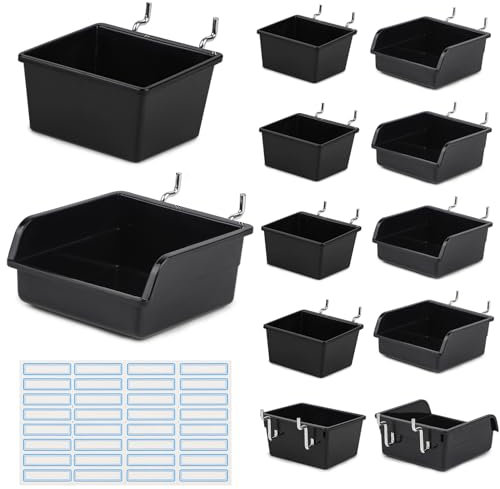 efuturetime 12 x Crochet Panneau Perforé Mural, Boite Rangement Atelier Bricolage avec 36 Adhésives Papier Étiquette pour Garage, Jardin, Boutique