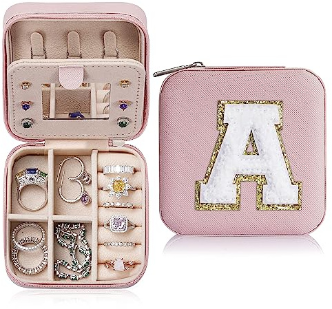 TINGN Schmuckkästchen Mädchen - Reise Schmuckaufbewahrung Rosa Schmuckschatulle Buchstaben A Schmuckkästchen Kinder Schmuckaufbewahrung Damen Personalisierte Geschenke für Frauen Mädchen Kinder