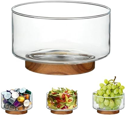 CAMATET Coffee Pod Holder, Glass Salad Bowl with Acacia Wood Base, Large Capacity K Cup Organizer for Kcup Creamer Storage, Espresso Capsule Holder Coffee Bar Accessories（ 7 Inch，1 Pack ）