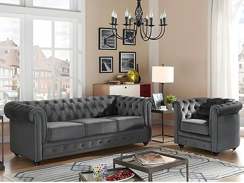 Vente-unique-Divano CHESTERFIELD 3 posti e poltrona in velluto Antracite