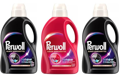 PERWOLL Flüssig-Set 3x 27 Waschladungen (81WL) 2x Black & 1x Color, Feinwaschmittel-Set reinigt sanft und erneuert Farben und Fasern, Waschmittel mit Dreifach-Renew-Technologie
