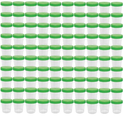 HaseMed Lot de 100 gobelets à urine de qualité supérieure - 125 ml - Couvercle à visser - Vert - Gradués jusqu'à 100 ml - Anti-fuite, inscriptibles, adaptés au congélateur